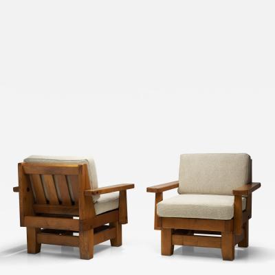 A Pair of Brutalist Oak Armchairs Spain 1960s