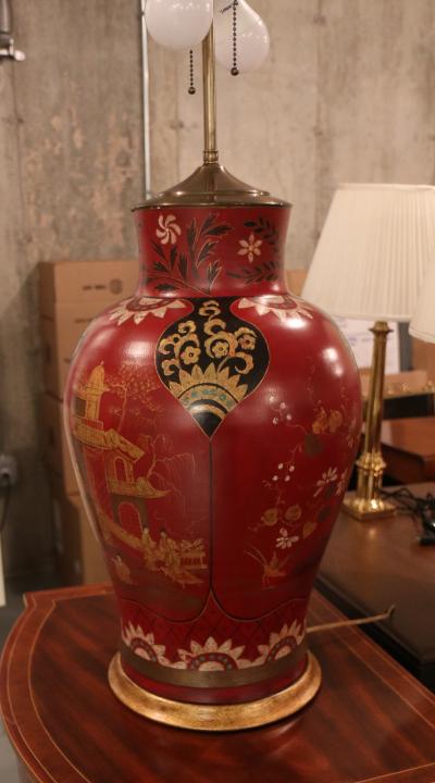 A Pair of Chinoiserie Painted Bisque Table Lamps circa 1900