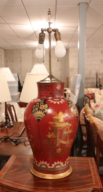 A Pair of Chinoiserie Painted Bisque Table Lamps circa 1900