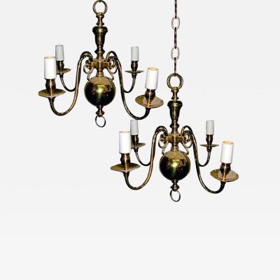 A Pair of English Four Light Brass Chandeliers