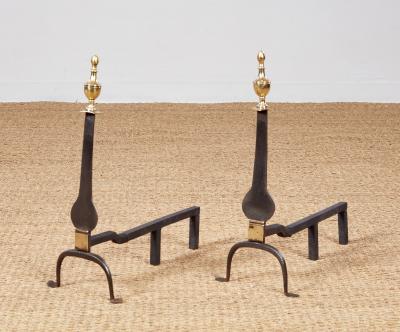 A Pair of Federal Knife Blade Andirons with Brass Details