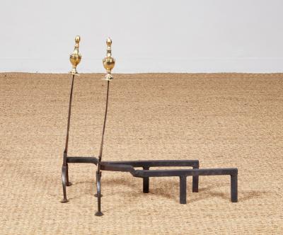 A Pair of Federal Knife Blade Andirons with Brass Details