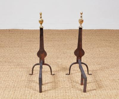 A Pair of Federal Knife Blade Andirons with Brass Details