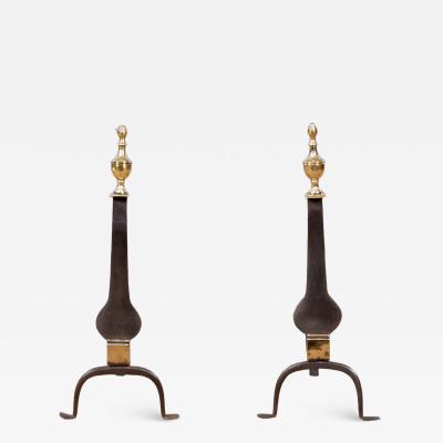 A Pair of Federal Knife Blade Andirons with Brass Details