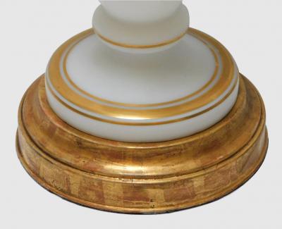 A Pair of French 1960s White Frosted Glass Lamps with Gilt Highlights
