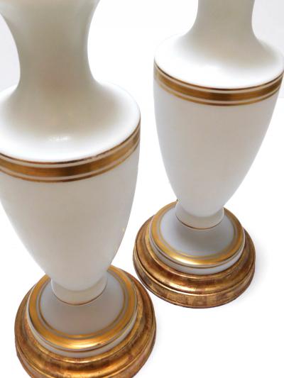 A Pair of French 1960s White Frosted Glass Lamps with Gilt Highlights