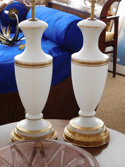 A Pair of French 1960s White Frosted Glass Lamps with Gilt Highlights