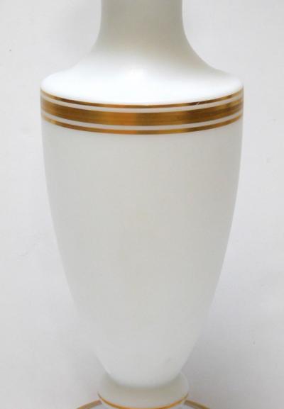 A Pair of French 1960s White Frosted Glass Lamps with Gilt Highlights