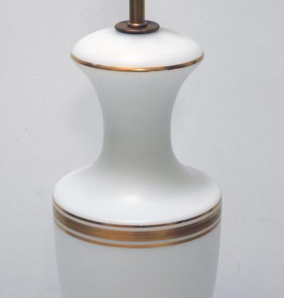 A Pair of French 1960s White Frosted Glass Lamps with Gilt Highlights