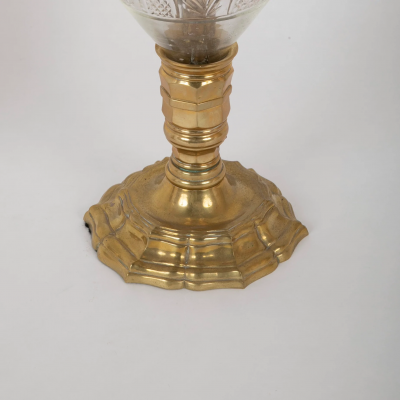 A Pair of French Bronze Photophores with Engraved Hurricane Shades