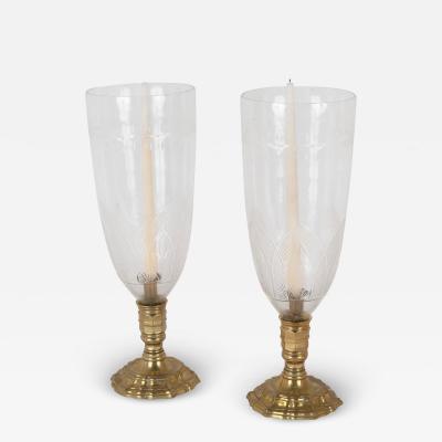 A Pair of French Bronze Photophores with Engraved Hurricane Shades