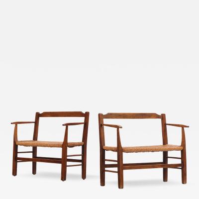 A Pair of French Elm Rush Seat Cantou Benches C 1920 