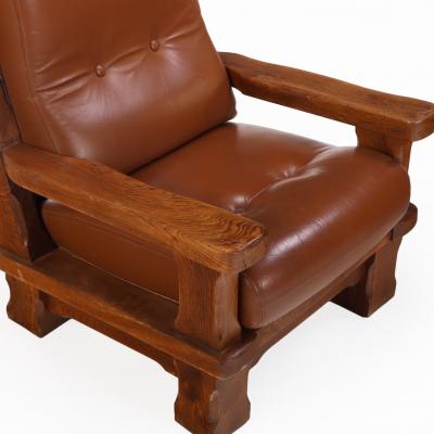 A Pair of French Heavy Oak Brutalist style Open Arm Chairs C 1960 