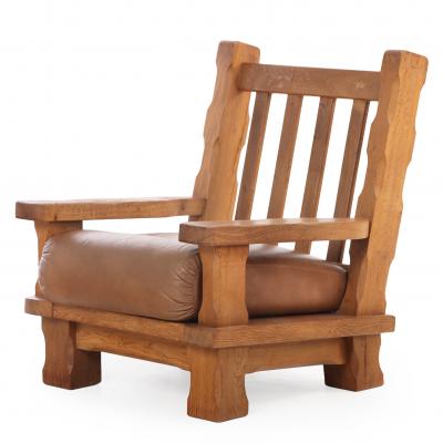 A Pair of French Heavy Oak Brutalist style Open Arm Chairs C 1960 