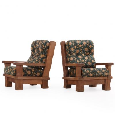 A Pair of French Heavy Oak Brutalist style Open Arm Chairs C 1960 
