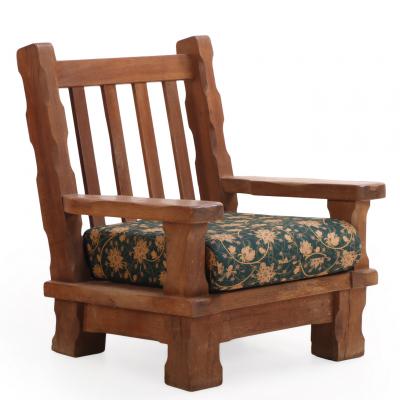 A Pair of French Heavy Oak Brutalist style Open Arm Chairs C 1960 