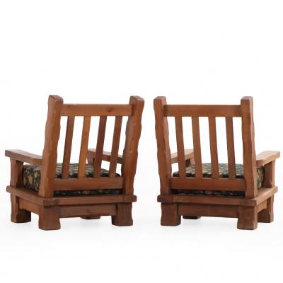 A Pair of French Heavy Oak Brutalist style Open Arm Chairs C 1960 