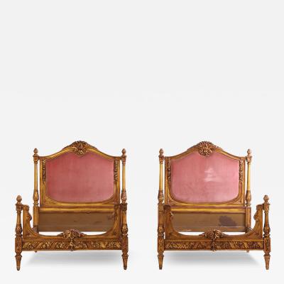 A Pair of French Louis XVI Style Carved Giltwood Twin Beds C 1920 