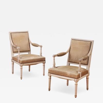 A Pair of French Louis XVI Style Painted Open Arm Chairs C 1940 