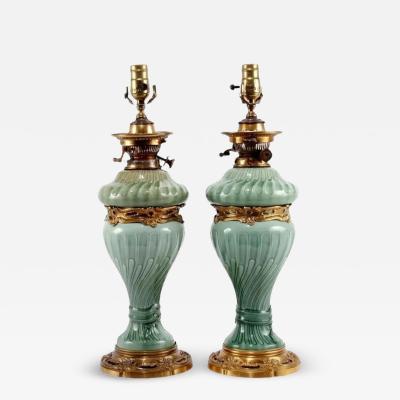 A Pair of French Theodore Deck Ormolu Mounted Celadon Porcelain Lamps