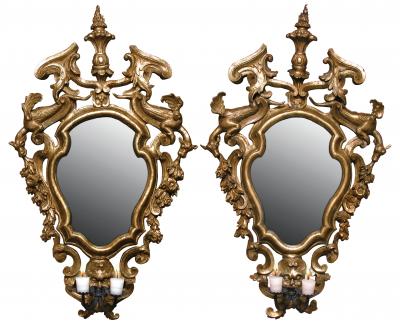 A Pair of Gilded Fir Wood Mirror Sconces with Wrought Iron Candle Arms