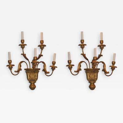 A Pair of Gilded Wood Sconces with Five Lights featuring acanthus leaves