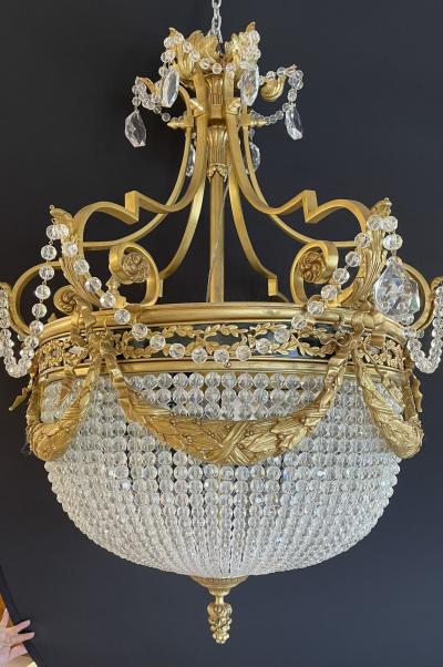 A Pair of Gilt Bronze Louis XVI Style Ballroom Chandeliers Crystal Rewired