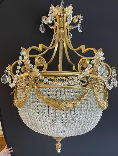 A Pair of Gilt Bronze Louis XVI Style Ballroom Chandeliers Crystal Rewired