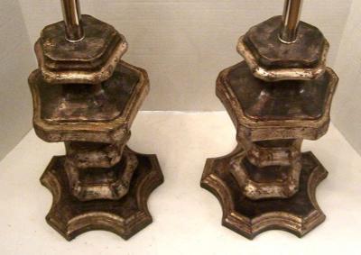 A Pair of Italian Silvered Wood Candle Pedestals as Table Lamps