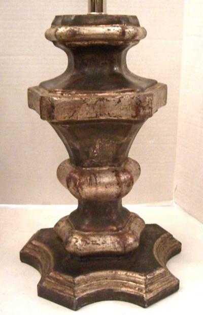 A Pair of Italian Silvered Wood Candle Pedestals as Table Lamps