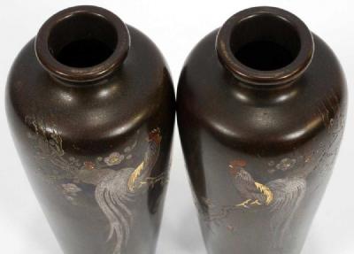 A Pair of Japanese Bronze Vase with Metal Inlays by Mitsufune