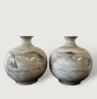 A Pair of Large Chinese Porcelain Vases Hand Painted with Swimming Carp