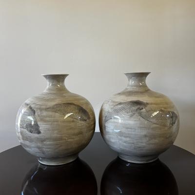 A Pair of Large Chinese Porcelain Vases Hand Painted with Swimming Carp