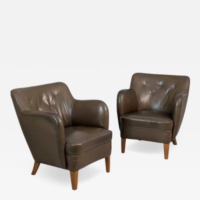 A Pair of Mid Century Finnish Armchairs in Brown Leather 1940s