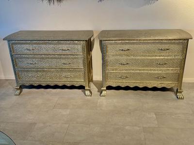 A Pair of Middle Eastern Repousse Covered 3 Drawer Chests 1960s