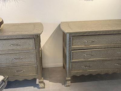A Pair of Middle Eastern Repousse Covered 3 Drawer Chests 1960s