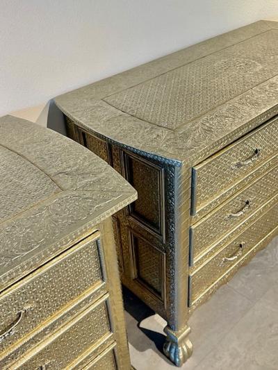 A Pair of Middle Eastern Repousse Covered 3 Drawer Chests 1960s