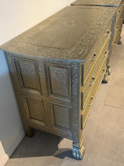 A Pair of Middle Eastern Repousse Covered 3 Drawer Chests 1960s