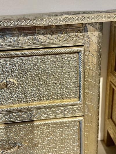 A Pair of Middle Eastern Repousse Covered 3 Drawer Chests 1960s
