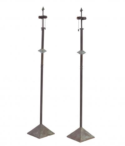 A Pair of Modernist Patinated Bronze Geometric Floor Lamps