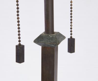 A Pair of Modernist Patinated Bronze Geometric Floor Lamps