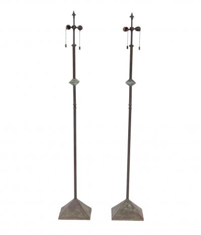 A Pair of Modernist Patinated Bronze Geometric Floor Lamps