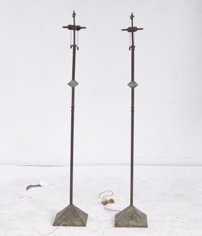 A Pair of Modernist Patinated Bronze Geometric Floor Lamps