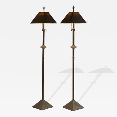 A Pair of Modernist Patinated Bronze Geometric Floor Lamps