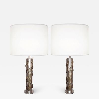A Pair of Modernist Table Lamps Brushed Nickel and Sculptural Metal 1970s