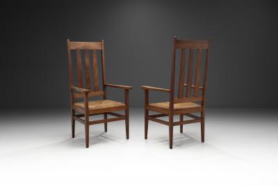 A Pair of Oak and Woven Rush High Back Armchairs France 1940s