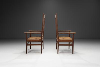 A Pair of Oak and Woven Rush High Back Armchairs France 1940s