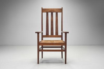A Pair of Oak and Woven Rush High Back Armchairs France 1940s
