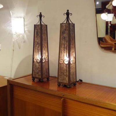 A Pair of Obelisk Shaped Table Lamps in Mica and Wrought Iron