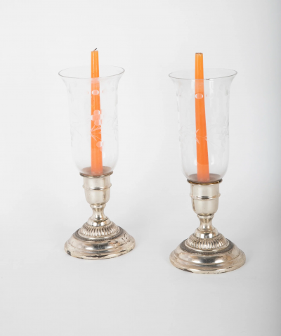 A Pair of Photophores with Engraved Hurricanes and Hallmark on Base